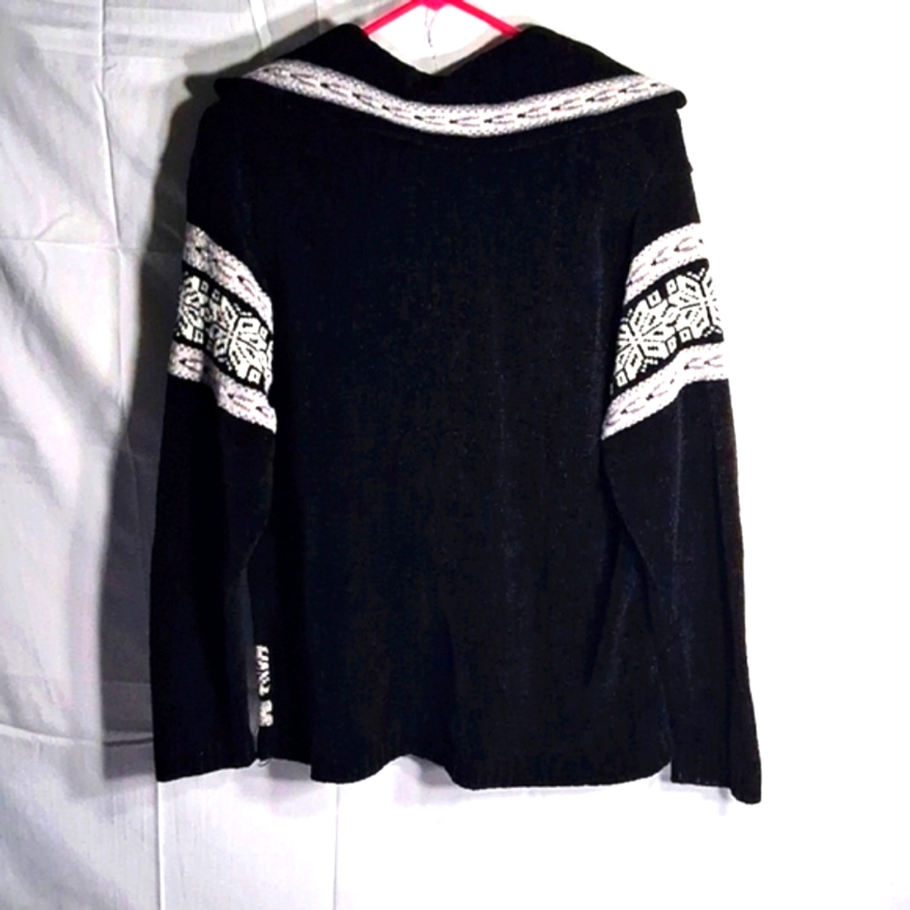Erika Cardigan Womens PL Black Full Zip Collared Fair Isle Chenille Cozy Nordic - Picture 7 of 13